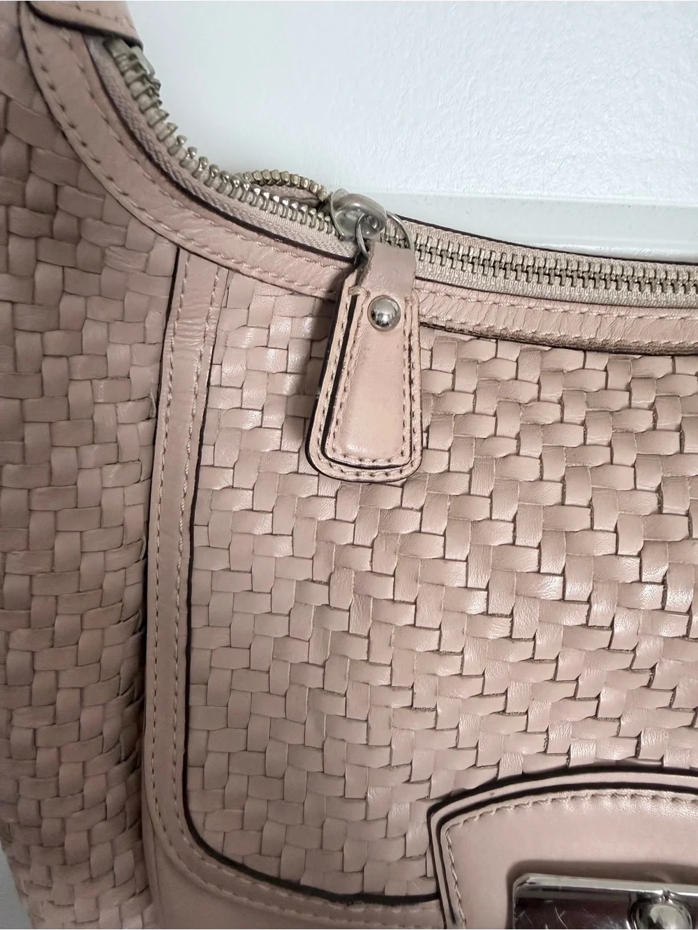 Coach Woven Leather Shoulder Bag Beige Taupe Hobo